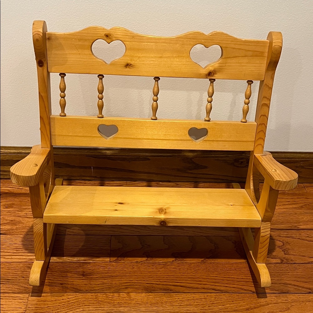 VTG Solid Wood Handmade Doll Rocking Bench w/Heart Cutouts Doll Furniture Decor